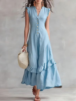 FLASH SALE - Elegant Ruffle Maxi Cotton Linen Dress | Free Delivery