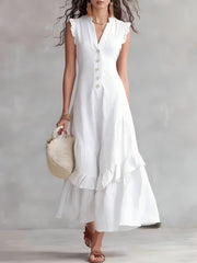 FLASH SALE - Elegant Ruffle Maxi Cotton Linen Dress | Free Delivery
