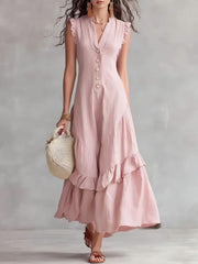 FLASH SALE - Elegant Ruffle Maxi Cotton Linen Dress | Free Delivery