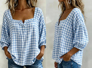 FLASH SALE - Effortless Plaid Cotton Linen Blouse | Free Delivery