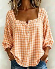 FLASH SALE - Effortless Plaid Cotton Linen Blouse | Free Delivery