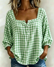 FLASH SALE - Effortless Plaid Cotton Linen Blouse | Free Delivery