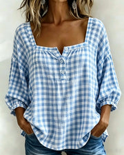 FLASH SALE - Effortless Plaid Cotton Linen Blouse | Free Delivery