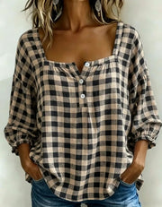 FLASH SALE - Effortless Plaid Cotton Linen Blouse | Free Delivery