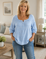 FLASH SALE - Effortless Plaid Cotton Linen Blouse | Free Delivery