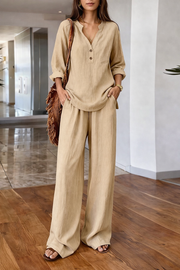 FLASH SALE - Effortless V-Neck Blouse & Wide Leg Pants Set | Free Delivery