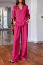 FLASH SALE - Effortless V-Neck Blouse & Wide Leg Pants Set | Free Delivery