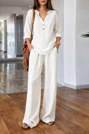 FLASH SALE - Effortless V-Neck Blouse & Wide Leg Pants Set | Free Delivery